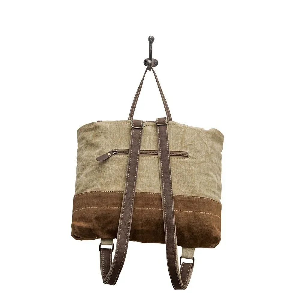 Myra Bag Handmade Tahini Backpack Upcycled Canvas & Cowhide Leather